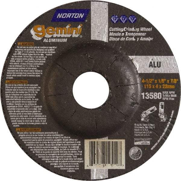 Norton - 24 Grit, 4-1/2" Wheel Diam, 1/8" Wheel Thickness, 7/8" Arbor Hole, Type 27 Depressed Center Wheel - Aluminum Oxide, 13,580 Max RPM - Industrial Tool & Supply