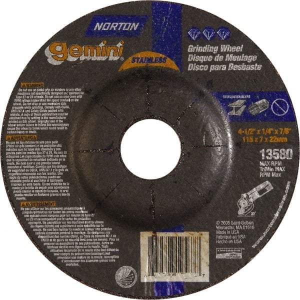 Norton - 24 Grit, 4-1/2" Wheel Diam, 1/4" Wheel Thickness, 7/8" Arbor Hole, Type 27 Depressed Center Wheel - Aluminum Oxide - Industrial Tool & Supply