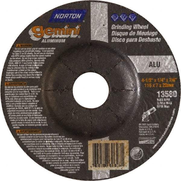 Norton - 24 Grit, 4-1/2" Wheel Diam, 1/4" Wheel Thickness, 7/8" Arbor Hole, Type 27 Depressed Center Wheel - Aluminum Oxide, 13,580 Max RPM - Industrial Tool & Supply