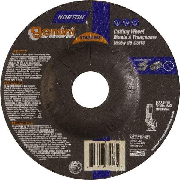Norton - 36 Grit, 5" Wheel Diam, 3/32" Wheel Thickness, 7/8" Arbor Hole, Type 27 Depressed Center Wheel - Aluminum Oxide - Industrial Tool & Supply