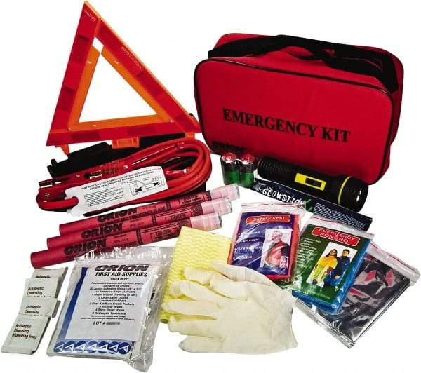 ORION Safety - 79 Piece, Emergency Roadside Safety Kit - Emergency Flares, Reflective Triangle, Flashlight, Batteries, Lightstick, Vest, Poncho, Shop Cloth, Jumper Cable, Multi-Tool, Thermal Blanket, Toweletes & First Aid Supplies - Industrial Tool & Supply