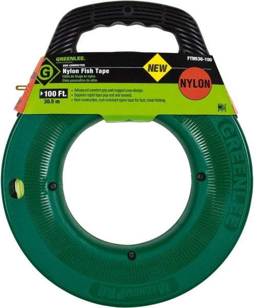 Greenlee - 100 Ft. Long x 3/16 Inch Wide, Nylon Fish Tape - 250 Lb. Pulling Strength, Includes Case - Industrial Tool & Supply