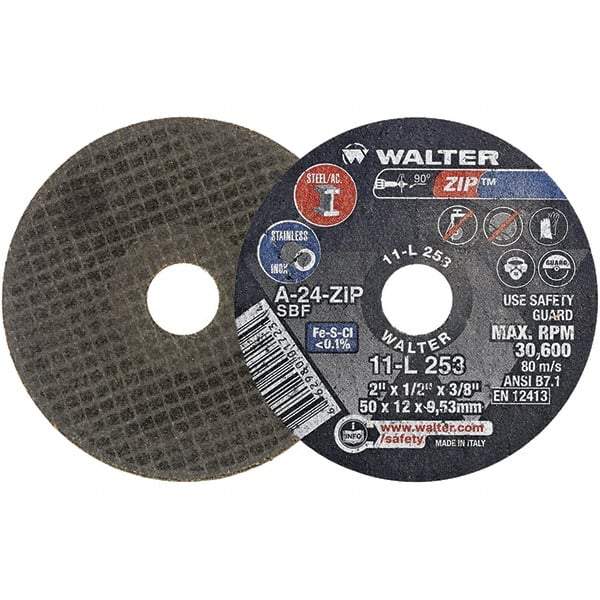 WALTER Surface Technologies - 2" 24 Grit Aluminum Oxide Cutoff Wheel - 1/2" Thick, 3/8" Arbor, 31,000 Max RPM, Use with Die Grinders - Industrial Tool & Supply