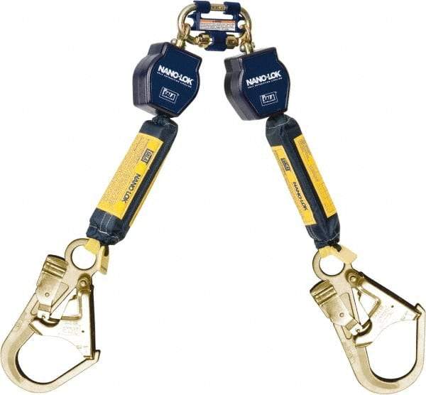 DBI/SALA - 6' Long, 420 Lb Capacity, 2 Leg Twin Leg Harness Self-Retracting Lifeline - 25/32" Diam, Dyneema & Polyester Webbing, Flat Steel Rebar Hook Anchorage Connection - Industrial Tool & Supply