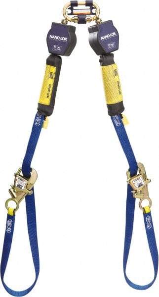 DBI/SALA - 9' Long, 420 Lb Capacity, 2 Leg Twin Leg Harness Self-Retracting Lifeline - 25/32" Diam, Dyneema & Polyester Webbing, Tie-Back Snap Hook Anchorage Connection - Industrial Tool & Supply
