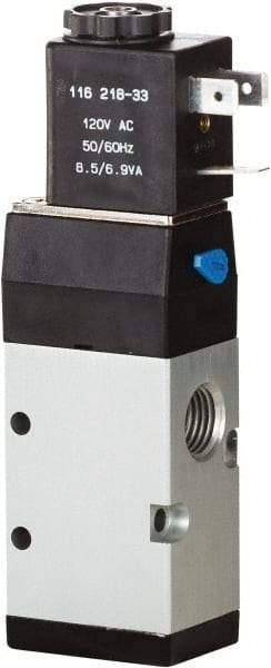 ARO/Ingersoll-Rand - 1/4" Inlet x 1/4" Outlet, Single Solenoid Actuator, Spring Return, 2 Position, Body Ported Solenoid Air Valve - 120 VAC Input, 0.7 CV, 3 Way, 115 psi, 122° Max Temp, 15° Min Temp - Industrial Tool & Supply