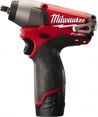 Milwaukee Tool - 3/8" Drive 12 Volt Pistol Grip Cordless Impact Wrench & Ratchet - 0 to 2,650 RPM, 0 to 3,500 BPM, 116.66 Ft/Lb Torque, 2 Lithium-Ion Batteries Included - Industrial Tool & Supply