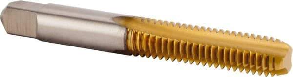 Kennametal - 1/4-20 UNC 2B 2 Flute TiN Finish High Speed Steel Straight Flute Standard Hand Tap - Bottoming, Right Hand Thread, 63.5mm OAL, 25.4mm Thread Length, H3 Limit, Oversize - Exact Industrial Supply
