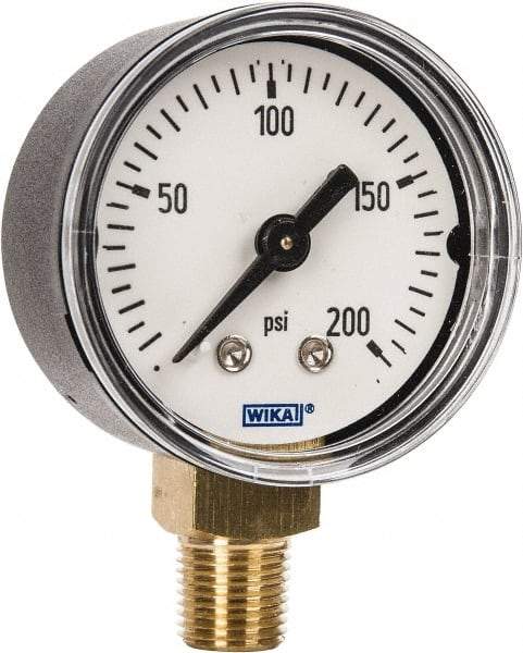 Wika - 1-1/2" Dial, 1/8 Thread, 0-200 Scale Range, Pressure Gauge - Lower Connection Mount, Accurate to 3-2-3% of Scale - Industrial Tool & Supply