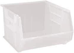 Quantum Storage - 75 Lb. Load Capacity, 18" Deep, Clear Polypropylene Hopper Stacking Bin - 11" High x 16-1/2" Wide x 18" Long - Industrial Tool & Supply