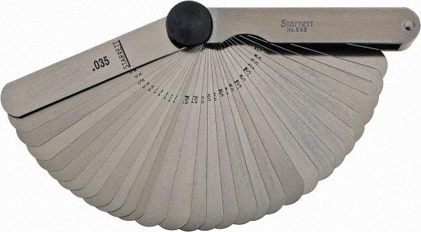 Starrett - 31 Piece, 0.0015 to 0.035" Thick, Parallel Feeler Gage Set - 3-1/32" Leaf Length, 1/2" Wide, Tempered Steel - Industrial Tool & Supply