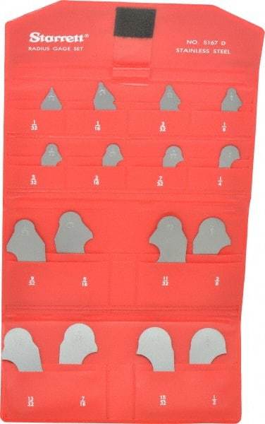 Starrett - 16 Piece, 1/32 to 1/2 Inch Radius, Stainless Steel Radius Gage Set - Satin Chrome Coated - Industrial Tool & Supply