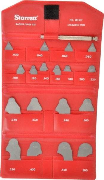 Starrett - 19 Piece, 0.35 to 1/2 Inch Radius, Stainless Steel Radius Gage Set - Satin Chrome Coated - Industrial Tool & Supply