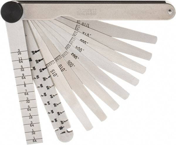 Starrett - 9 Piece, 0.1065 to 0.166" Thick, Tapered Feeler Gage Set - 4-3/4" Leaf Length, 1/4 to 1/2" (Tapered) Wide, Tempered Steel - Industrial Tool & Supply