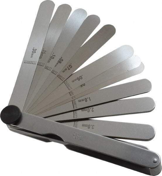 Starrett - 13 Piece, 0.04 to 5mm Parallel Feeler Gage Set - 4-1/2" Long x 1/2" Wide, Tempered Steel - Industrial Tool & Supply