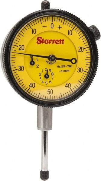 Starrett - 25mm Range, 0-50-0 Dial Reading, 0.01mm Graduation Dial Drop Indicator - 2-1/4" Dial, 1mm Range per Revolution - Industrial Tool & Supply