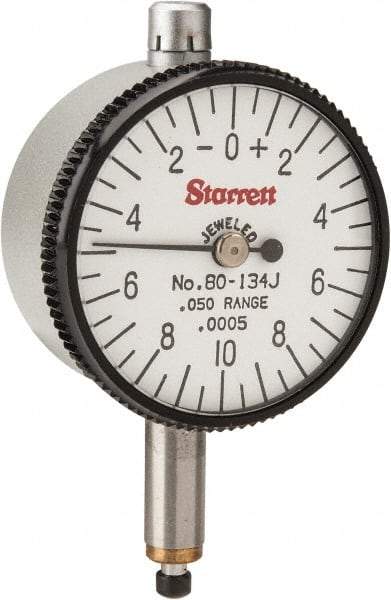 Starrett - 0.05" Range, 0-10-0 Dial Reading, 0.0005" Graduation Dial Drop Indicator - 1-1/4" Dial, 0.02" Range per Revolution - Industrial Tool & Supply