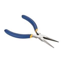 Irwin - 5-1/2" OAL, 1-1/4" Jaw Length x 9/16" Jaw Width, Long Nose Needle Nose Pliers - Serrated Jaw, Standard Head, Dipped Vinyl Handles, with Spring - Industrial Tool & Supply