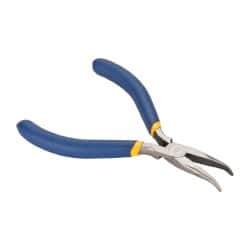 Irwin - 5" OAL, 1-1/4" Jaw Length x 9/16" Jaw Width, Long Nose Needle Nose Pliers - Serrated Jaw, Curved Head, Dipped Vinyl Handles, with Spring - Industrial Tool & Supply