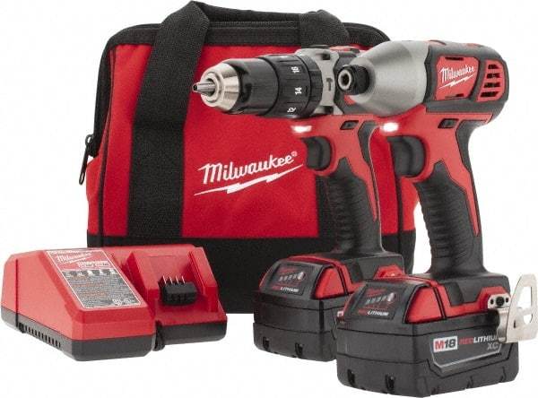 Milwaukee Tool - 18 Volt Cordless Tool Combination Kit - Includes 1/2" Hammer Drill & 1/4" Hex Compact Impact Driver, 2 Lithium-Ion Batteries Included - Industrial Tool & Supply