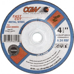 Camel Grinding Wheels - 24 Grit, 4-1/2" Wheel Diam, 1/4" Wheel Thickness, 7/8" Arbor Hole, Type 27 Depressed Center Wheel - Coarse Grade, Aluminum Oxide, Resinoid Bond, R Hardness, 13,300 Max RPM, Compatible with Angle Grinder - Industrial Tool & Supply
