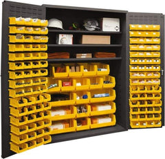 Durham - 3 Shelf 138 Bin Storage Cabinet - Steel, 48" Wide x 24" Deep x 72" High, Yellow - Industrial Tool & Supply
