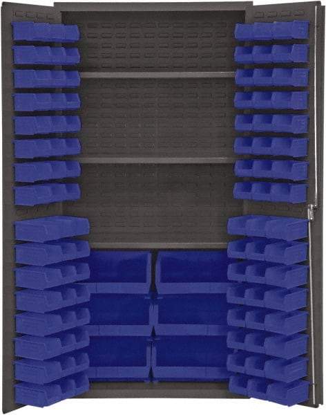 Durham - 3 Shelf 102 Bin Storage Cabinet - Steel, 36" Wide x 24" Deep x 72" High, Blue - Industrial Tool & Supply