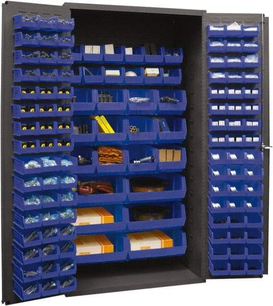 Durham - 126 Bin Storage Cabinet - Steel, 36" Wide x 24" Deep x 72" High, Blue - Industrial Tool & Supply