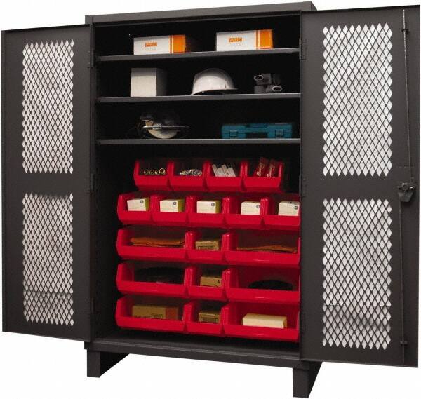 Durham - 3 Shelf 18 Bin Storage Cabinet - Steel, 48" Wide x 24" Deep x 78" High, Red - Industrial Tool & Supply
