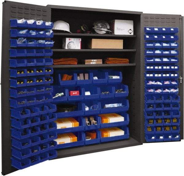 Durham - 3 Shelf 138 Bin Storage Cabinet - Steel, 48" Wide x 24" Deep x 72" High, Blue - Industrial Tool & Supply