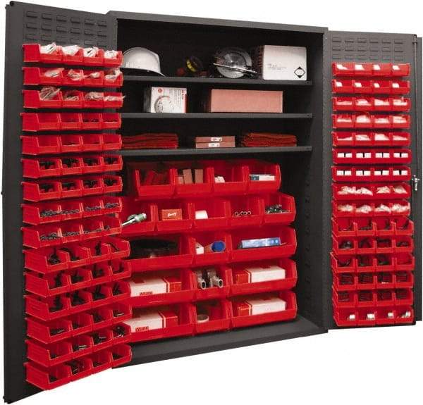 Durham - 3 Shelf 138 Bin Storage Cabinet - Steel, 48" Wide x 24" Deep x 72" High, Red - Industrial Tool & Supply