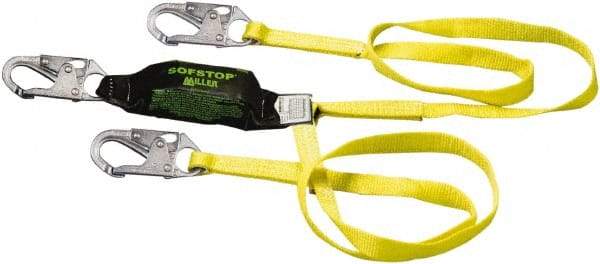 Miller - 6' Long, 310 Lb Capacity, 2 Leg Locking Snap Hook Harness Shock Absorbing Lanyard - 1-1/2" Diam, Polyester Webbing, Locking Snap Hook Anchorage Connection - Industrial Tool & Supply