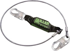 Miller - 6' Long, 310 Lb Capacity, 1 Leg Locking Snap Hook Harness Shock Absorbing Lanyard - 1-1/2" Diam, Vinyl Coated Wire Rope, Locking Snap Hook Anchorage Connection - Industrial Tool & Supply