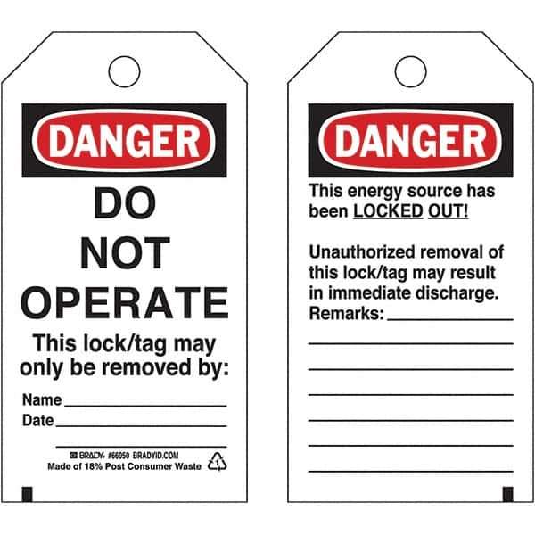 Brady - Safety & Facility Tags - 3" BLK/RED ON WHT 25PK DO NOT OPERATE TAGS - Industrial Tool & Supply