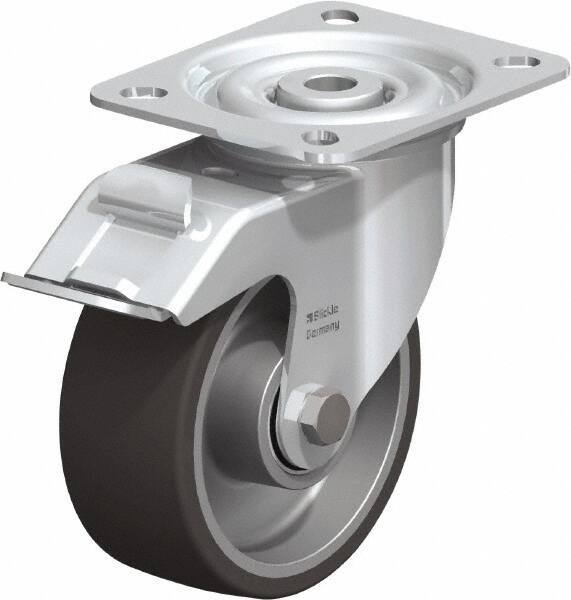 Blickle - 4" Diam x 1-9/16" Wide x 4-59/64" OAH Top Plate Mount Swivel Caster with Brake - Polyurethane-Elastomer, 220 Lb Capacity, Ball Bearing, 3-15/16 x 3-3/8" Plate - Industrial Tool & Supply