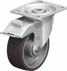 Blickle - 4" Diam x 1-9/16" Wide x 4-59/64" OAH Top Plate Mount Swivel Caster with Brake - Polyurethane-Elastomer, 220 Lb Capacity, Ball Bearing, 3-15/16 x 3-3/8" Plate - Industrial Tool & Supply