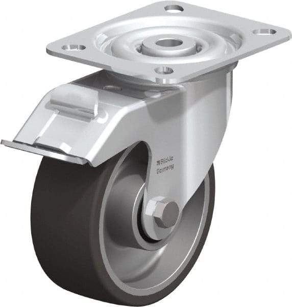 Blickle - 4" Diam x 1-9/16" Wide x 4-59/64" OAH Top Plate Mount Swivel Caster with Brake - Polyurethane-Elastomer, 220 Lb Capacity, Plain Bore Bearing, 3-15/16 x 3-3/8" Plate - Industrial Tool & Supply