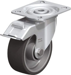 Blickle - 4" Diam x 1-9/16" Wide x 4-59/64" OAH Top Plate Mount Swivel Caster with Brake - Polyurethane-Elastomer, 220 Lb Capacity, Plain Bore Bearing, 3-15/16 x 3-3/8" Plate - Industrial Tool & Supply