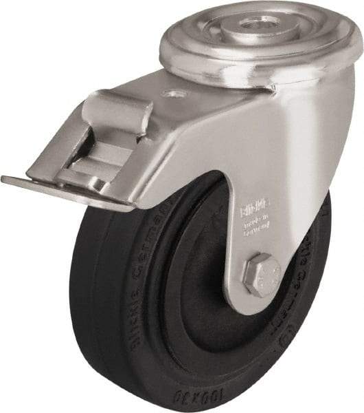 Blickle - 4" Diam x 1-3/16" Wide x 4-59/64" OAH Hollow Kingpin Mount Swivel Caster with Brake - Heat-Resistant Solid Rubber, 220 Lb Capacity, Plain Bore Bearing, Hollow Kingpin Stem - Industrial Tool & Supply