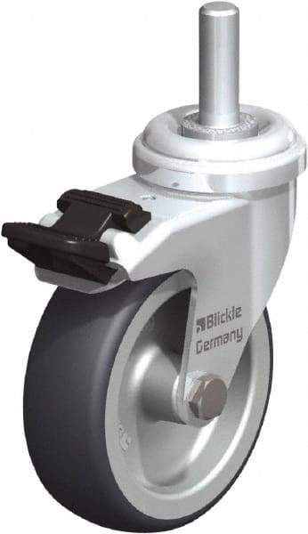 Blickle - 3" Diam x 63/64" Wide x 3-27/32" OAH Stem Mount Swivel Caster with Brake - Rubber Elastomer (TPE), 165 Lb Capacity, Plain Bore Bearing, 3/8" Threaded Stem - Industrial Tool & Supply