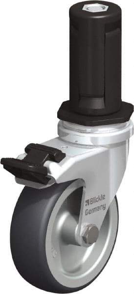 Blickle - 3" Diam x 63/64" Wide x 4" OAH Stem Mount Swivel Caster with Brake - Rubber Elastomer (TPE), 165 Lb Capacity, Plain Bore Bearing, Round Stem - Industrial Tool & Supply