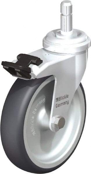 Blickle - 4" Diam x 63/64" Wide x 4-49/64" OAH Stem Mount Swivel Caster with Brake - Rubber Elastomer (TPE), 154 Lb Capacity, Plain Bore Bearing, Friction Stem - Industrial Tool & Supply