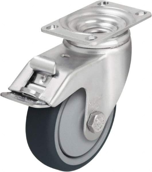 Blickle - 4" Diam x 1-1/4" Wide x 5-1/8" OAH Top Plate Mount Swivel Caster with Brake - Thermoplastic Polyurethane, 400 Lb Capacity, Ball Bearing, 3-5/8 x 2-1/2" Plate - Industrial Tool & Supply