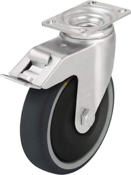 Blickle - 4" Diam x 1-1/4" Wide x 5-1/8" OAH Top Plate Mount Swivel Caster with Brake - Thermoplastic Polyurethane, 400 Lb Capacity, Ball Bearing, 3-5/8 x 2-1/2" Plate - Industrial Tool & Supply