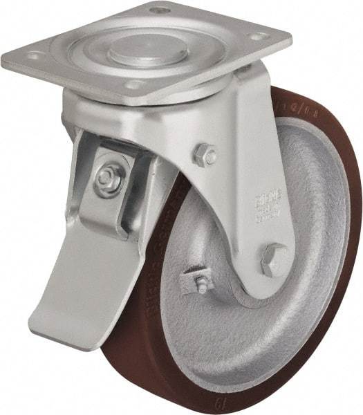 Blickle - 10" Diam x 2-23/64" Wide x 11-39/64" OAH Top Plate Mount Swivel Caster with Brake - Polyurethane-Elastomer Blickle Besthane, 1,980 Lb Capacity, Ball Bearing, 5-1/2 x 4-3/8" Plate - Industrial Tool & Supply