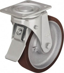 Blickle - 5" Diam x 1-31/32" Wide x 6-1/2" OAH Top Plate Mount Swivel Caster with Brake - Polyurethane-Elastomer Blickle Softhane, 1,100 Lb Capacity, Ball Bearing, 3-15/16 x 3-3/8" Plate - Industrial Tool & Supply