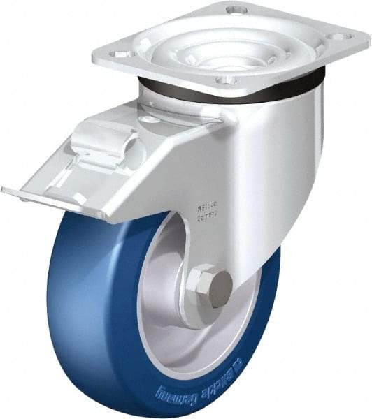 Blickle - 5" Diam x 1-37/64" Wide x 6-7/64" OAH Top Plate Mount Swivel Caster with Brake - Polyurethane-Elastomer Blickle Besthane, 770 Lb Capacity, Ball Bearing, 3-15/16 x 3-3/8" Plate - Industrial Tool & Supply