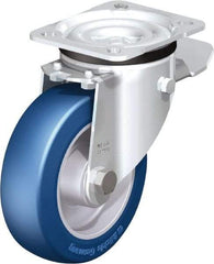 Blickle - 5" Diam x 1-37/64" Wide x 6-7/64" OAH Top Plate Mount Swivel Caster with Brake - Polyurethane-Elastomer Blickle Besthane, 770 Lb Capacity, Ball Bearing, 3-15/16 x 3-3/8" Plate - Industrial Tool & Supply