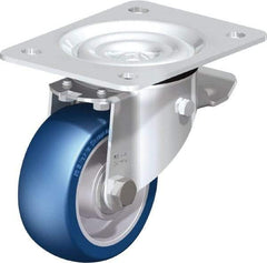Blickle - 4" Diam x 1-37/64" Wide x 5-7/64" OAH Top Plate Mount Swivel Caster with Brake - Polyurethane-Elastomer Blickle Besthane, 660 Lb Capacity, Ball Bearing, 5-1/2 x 4-3/8" Plate - Industrial Tool & Supply