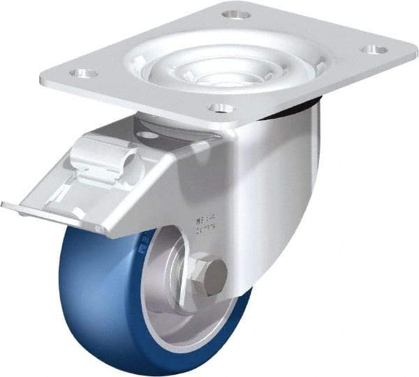 Blickle - 4" Diam x 1-37/64" Wide x 5-7/64" OAH Top Plate Mount Swivel Caster with Brake - Polyurethane-Elastomer Blickle Besthane, 660 Lb Capacity, Ball Bearing, 5-1/2 x 4-3/8" Plate - Industrial Tool & Supply